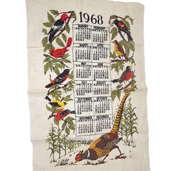 Vintage 1968 Calendar Linen Tea Towel Birds Stevens Linen Kitchen Decor - Picture 1 of 6